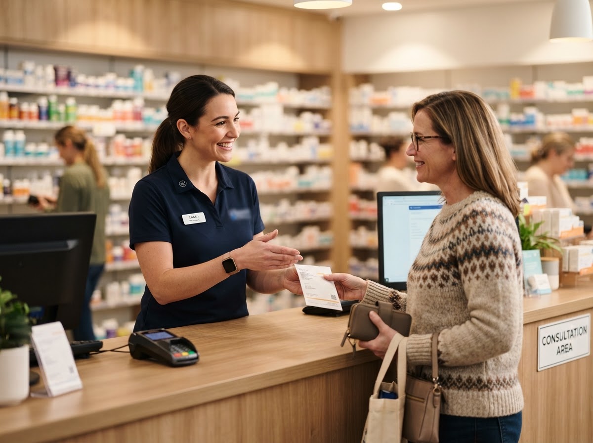 Pharmacy staff member helping customers. Incoming pharmacy call answered by AI.