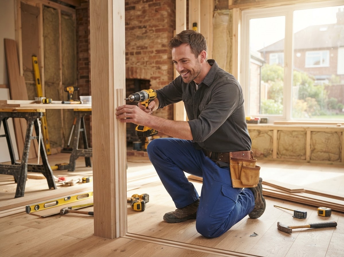 Contractor working on a timber deck. New quote request answered by AI.