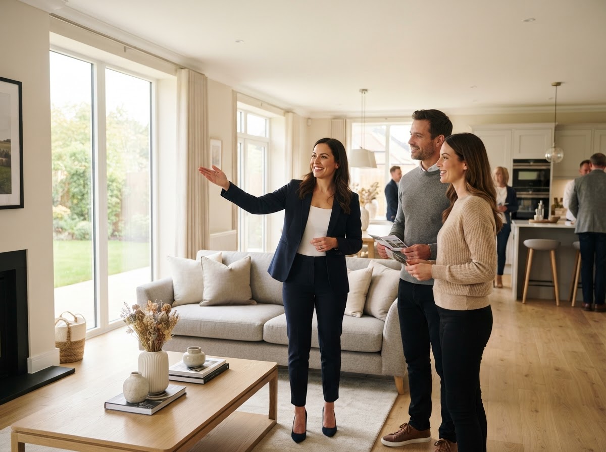 Realtor showing a home to a couple. New property inquiry answered by AI.