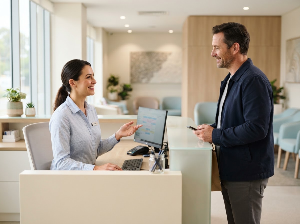 Clinic receptionist greeting a visitor. Appointment inquiry answered by AI.