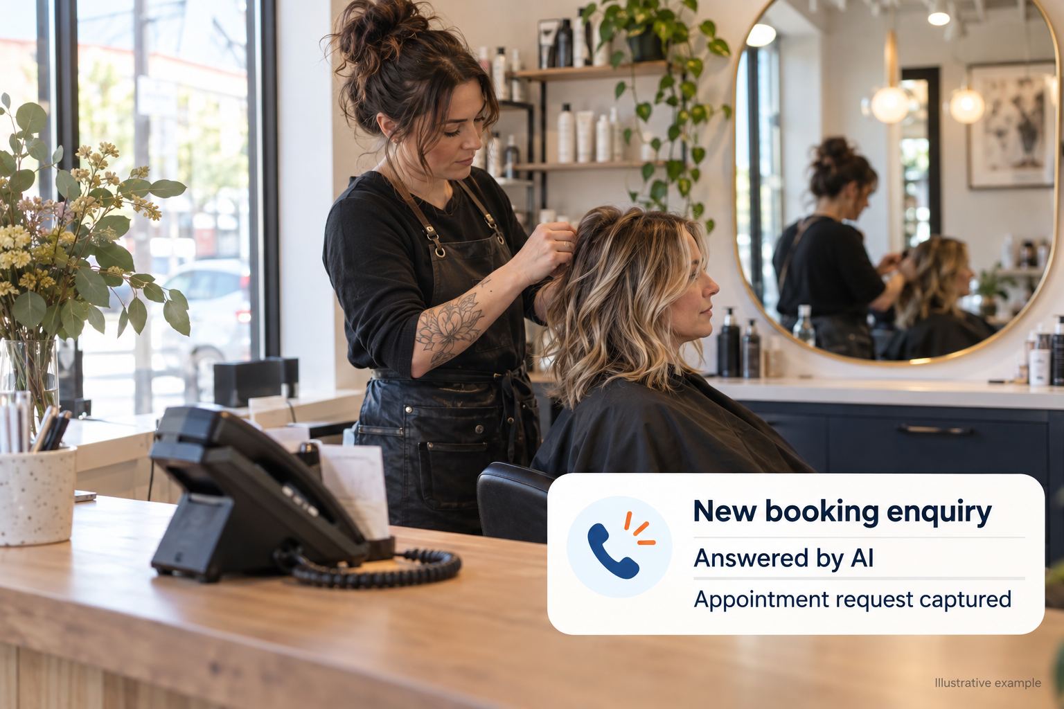Stylist attending to a client in a modern salon. New booking inquiry answered by AI.