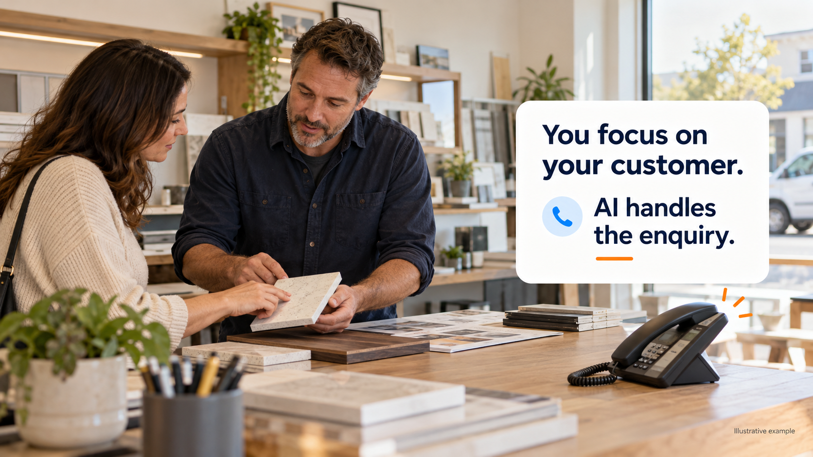 Business owner helping a customer select countertop materials while phone rings. You focus on your customer. AI handles the inquiry.