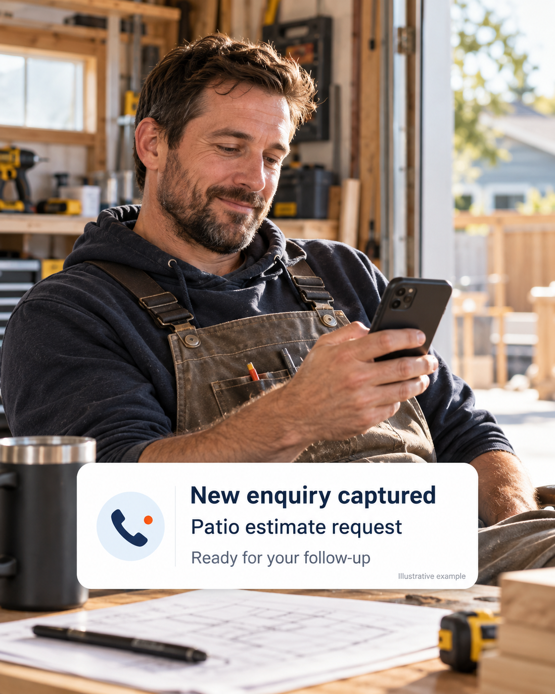 Contractor reviewing his phone on the job with notification: New inquiry captured — Patio estimate request — Ready for your follow-up