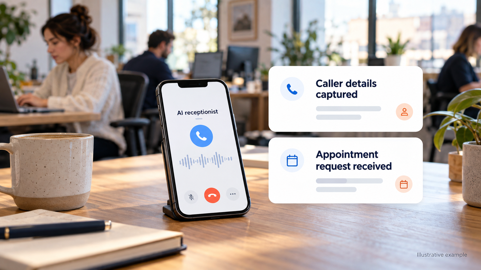 Smartphone displaying AI receptionist call in progress with caller details captured and appointment request received notifications