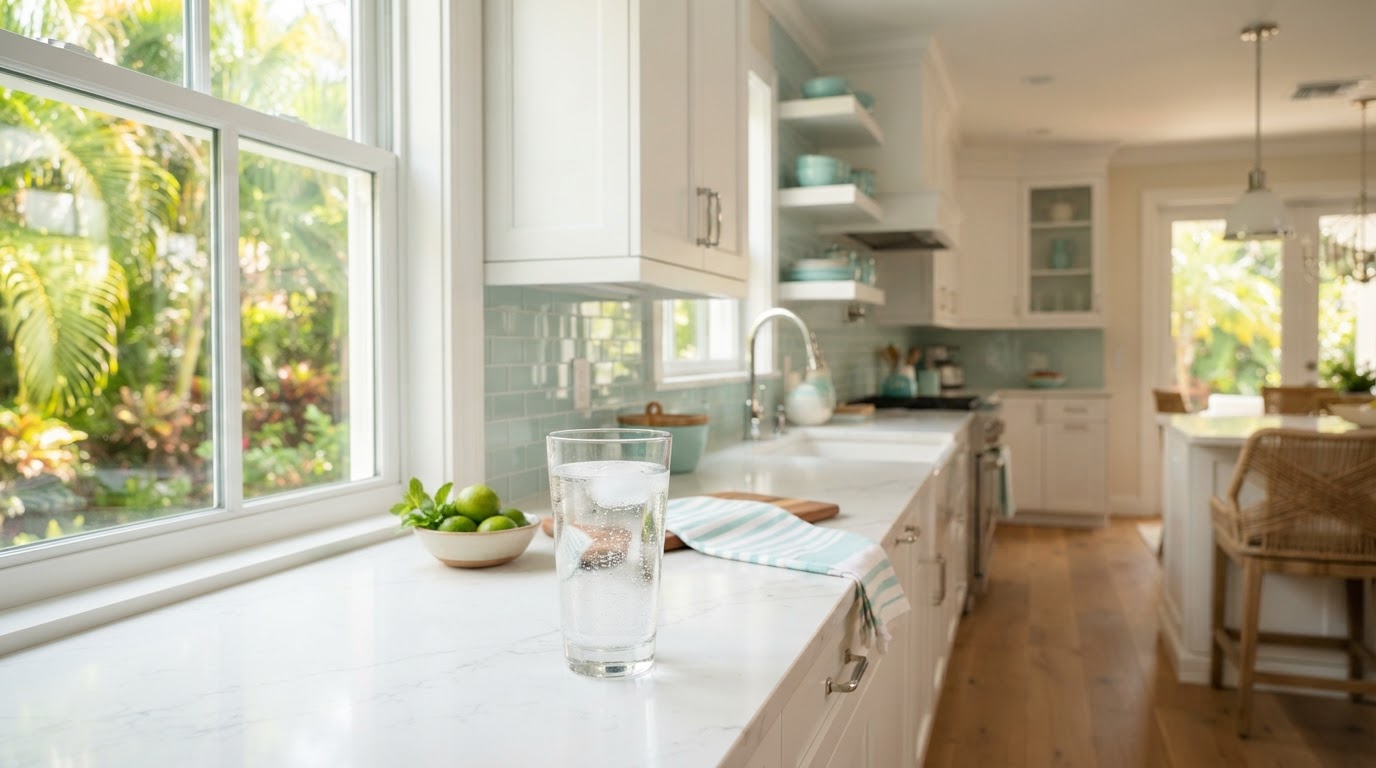 Bright modern kitchen with a clear glass of pure water on the counter
