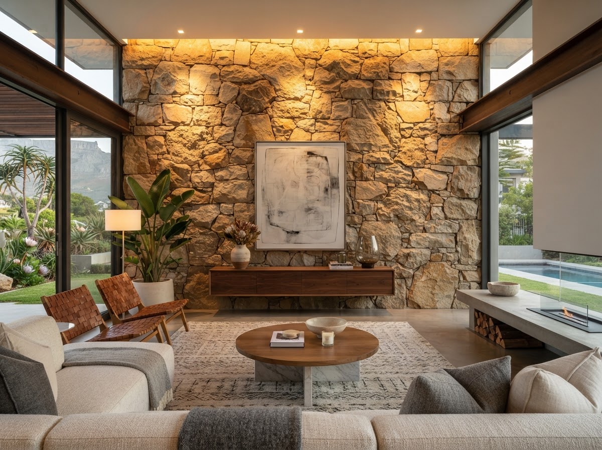 Premium Terraform Rock architectural feature wall in a modern South African living room