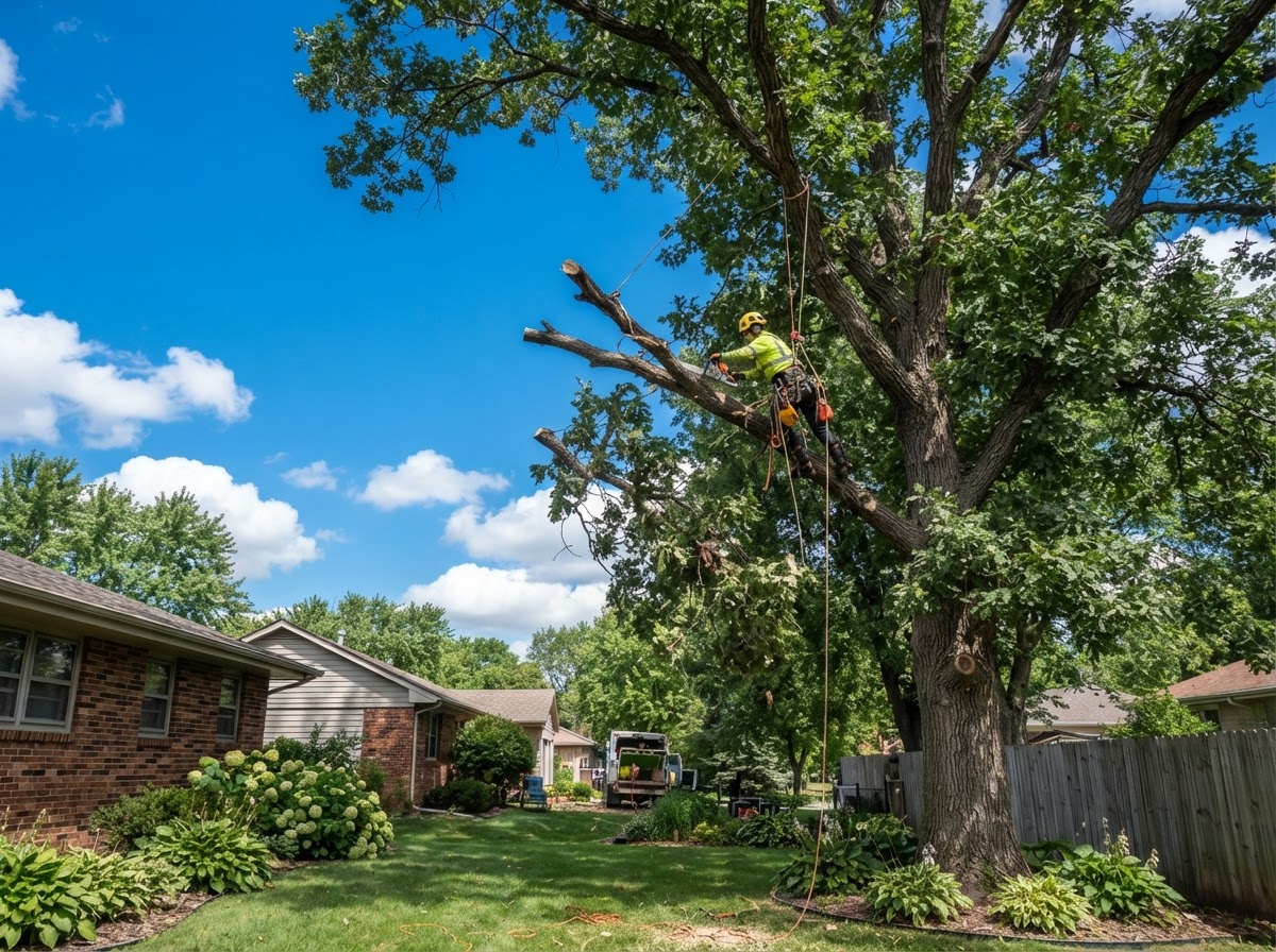 Tree trimming and pruning work on a mature tree