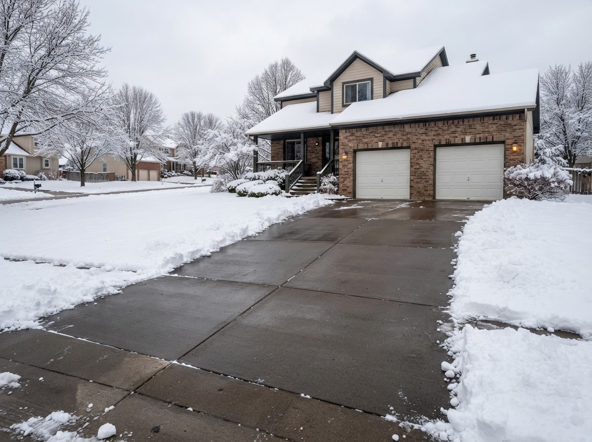 Snow removal on a residential driveway in winter
