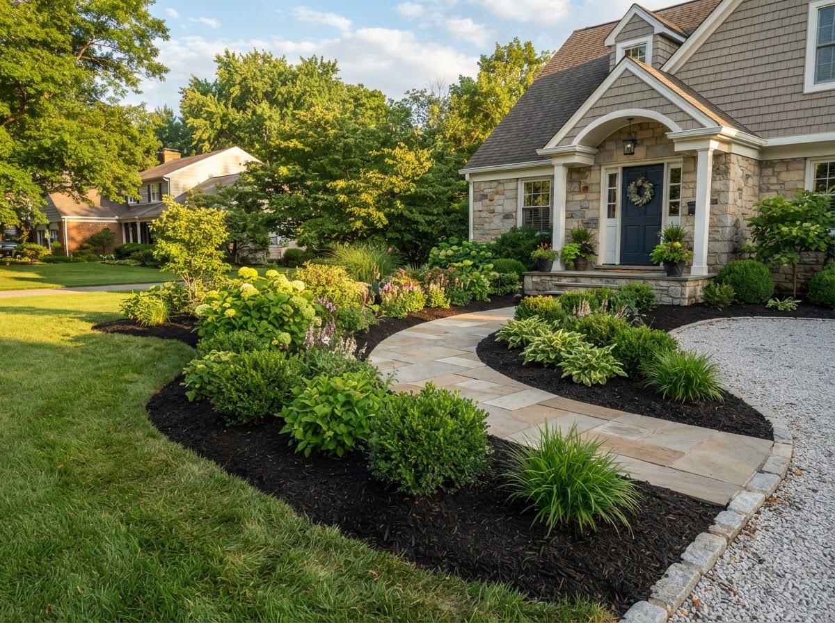 Light landscaping with mulched garden beds and trimmed shrubs