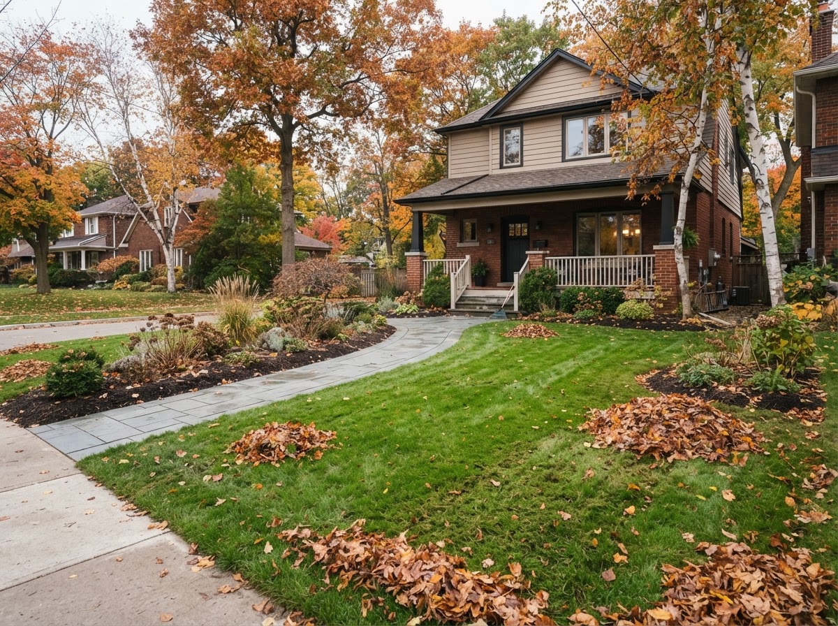 Fallen autumn leaves being raked and cleared from a residential lawn