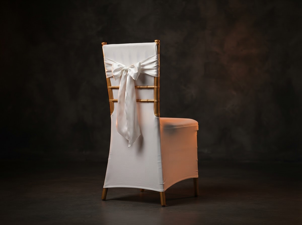 Silla chiavari elegante sobre fondo oscuro con iluminación cálida