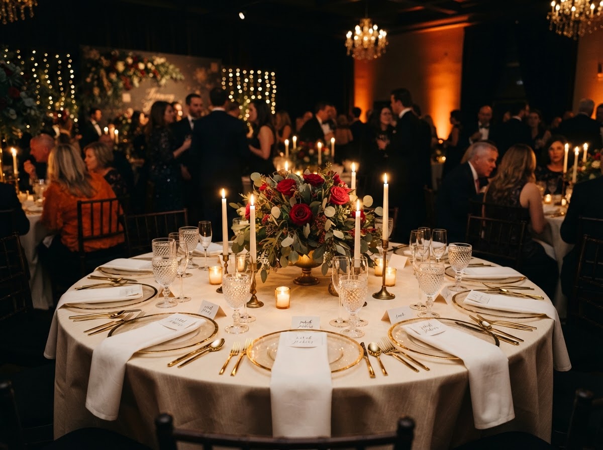 Mesa redonda de banquete con mantel crema y servicio de lugar