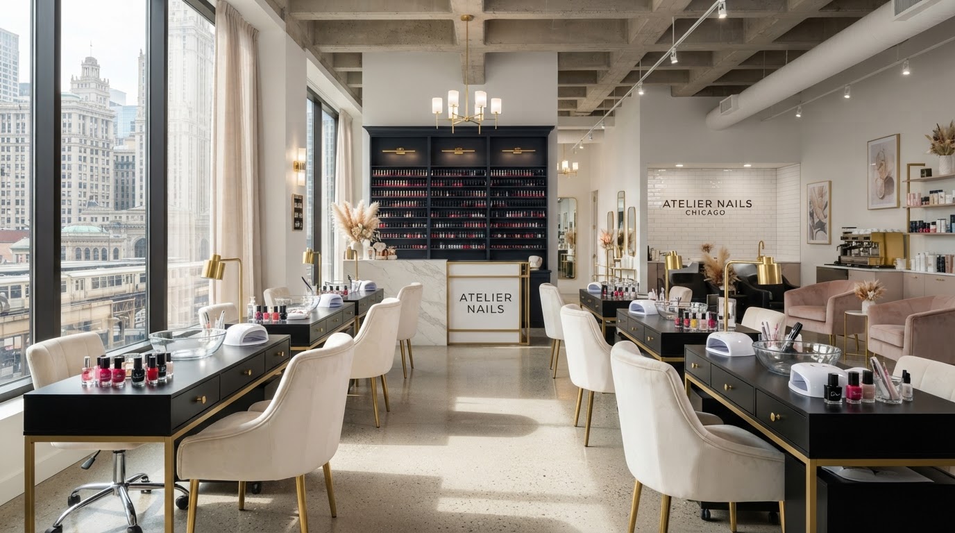 Interior profesional del salón de uñas Alura Beauté en Chicago con estaciones de manicura y acentos dorados