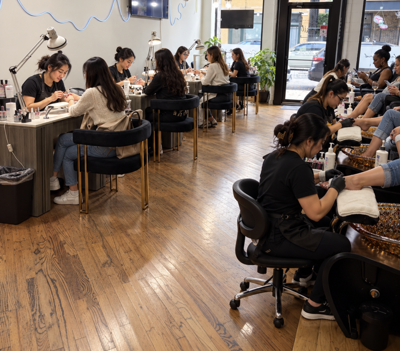 Salón de uñas Alura Beauté en Chicago lleno de clientas y estaciones activas