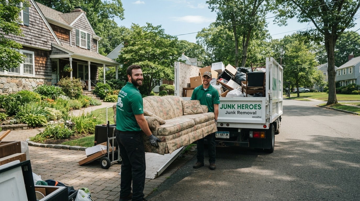Clean Up Kangaroo crew loading household junk into a white dump truck outside a Connecticut home