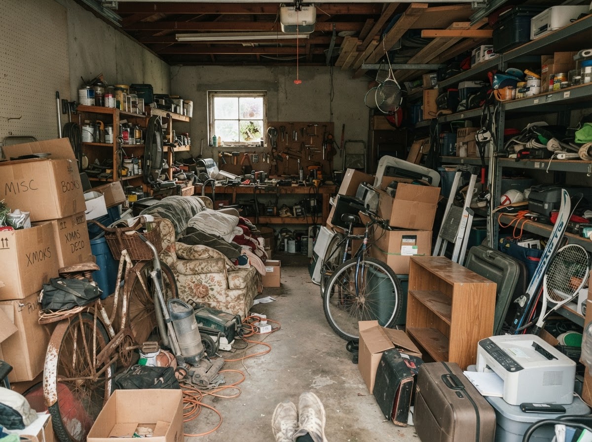Cluttered garage before Clean Up Kangaroo cleanout