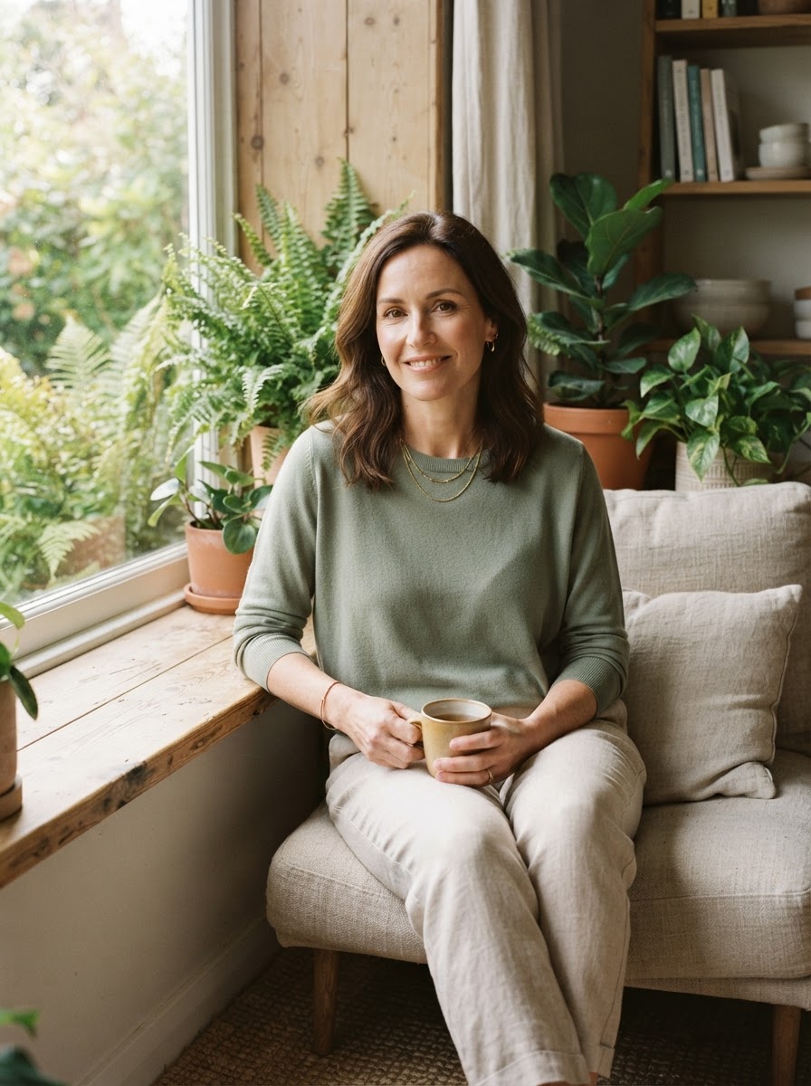 A calm, natural-light portrait of a woman near a sunlit window with soft ferns and greenery