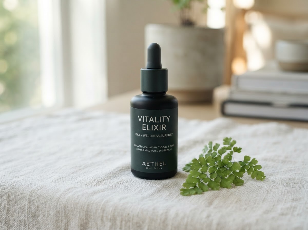 Men's Health Plan clinical formulation bottle on a natural linen surface