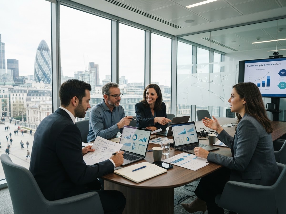 XMZ Enterprises consultants collaborating in a conference room