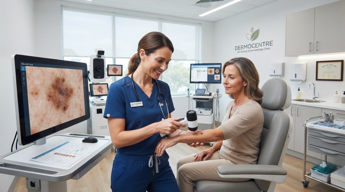 Dermatologist performing a full-body skin cancer examination