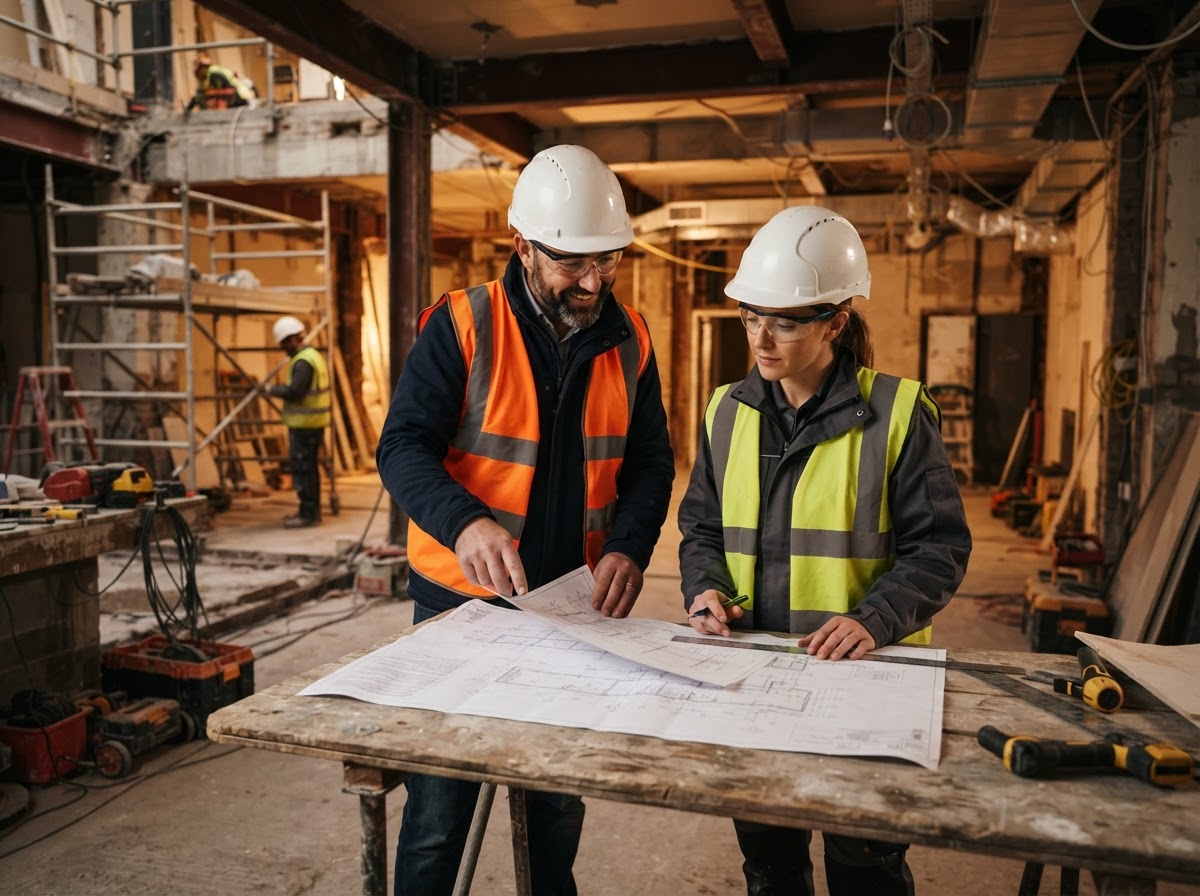 AIA Builders professionals reviewing blueprints on a job site