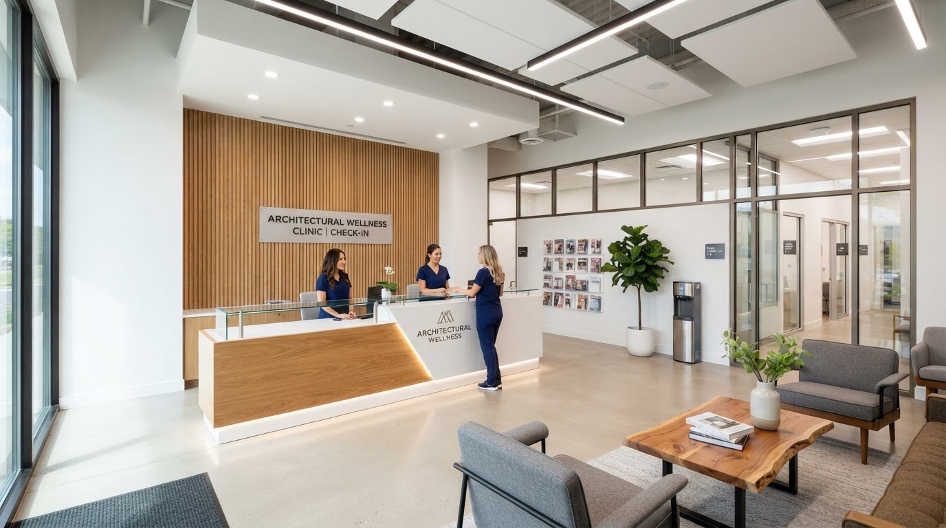Modern medical office reception area built out by AIA Builders