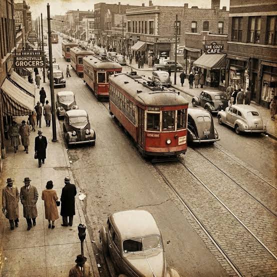 Historic Bronzeville Chicago streetscape featuring vintage streetcars, automobiles, bustling pedestrians, and local storefronts like Bronzeville Grocers and The Cozy Cafe.