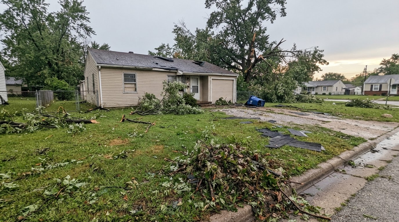 Calm daylight property scene with storm debris after weather has passed.