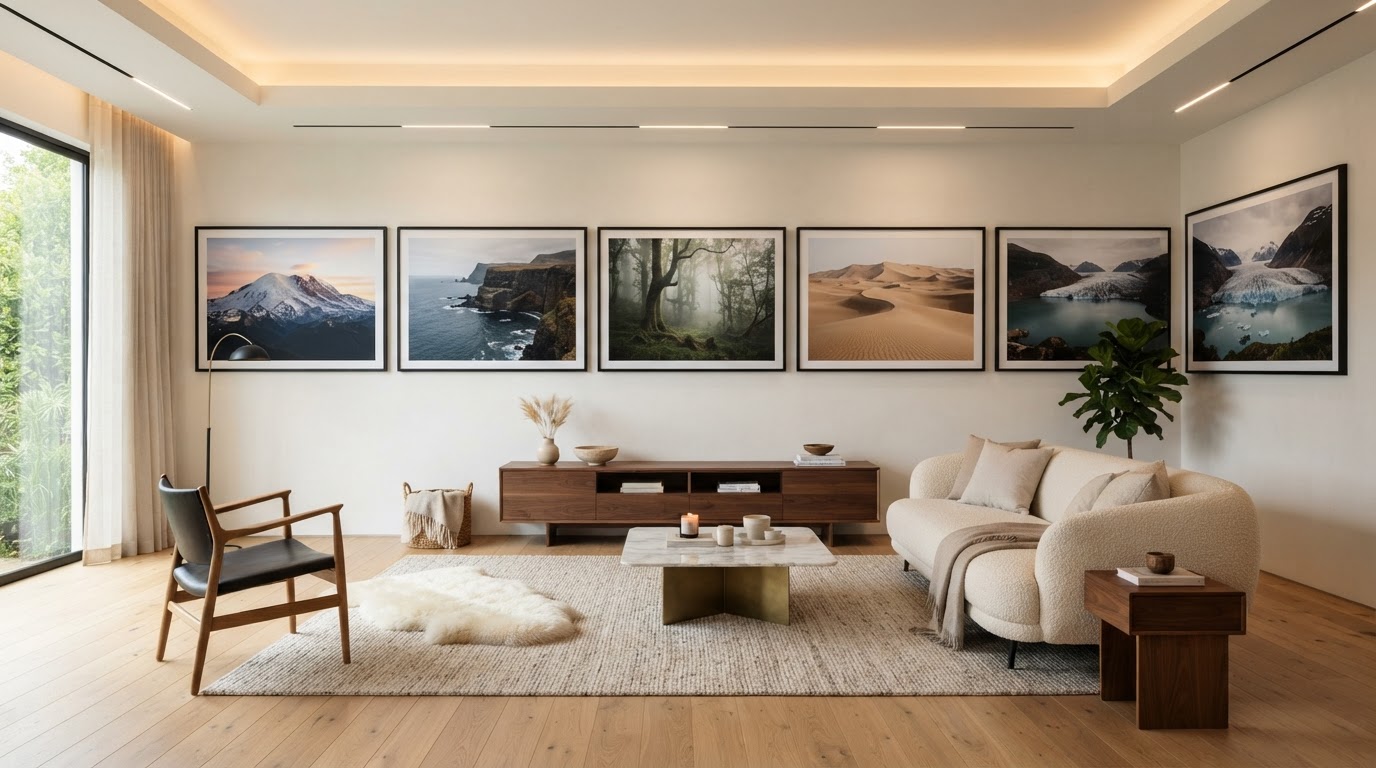 Contemporary living room wall art gallery display with architectural lighting