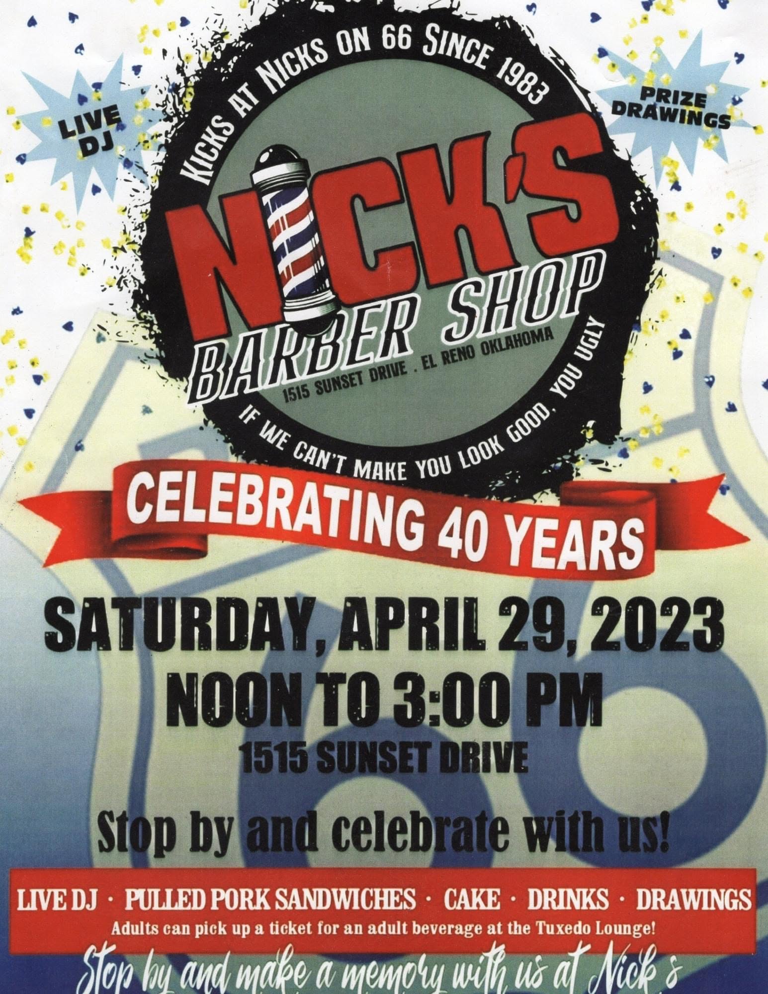 40th Anniversary Celebration Flyer • Route 66 emblem & official shop logo