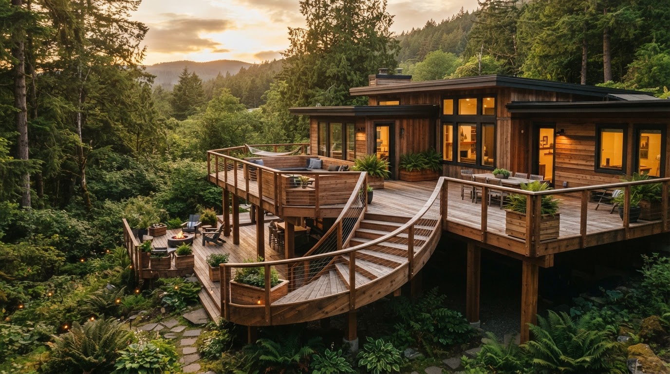 Multi-level cedar deck wrapping around a Pacific Northwest home