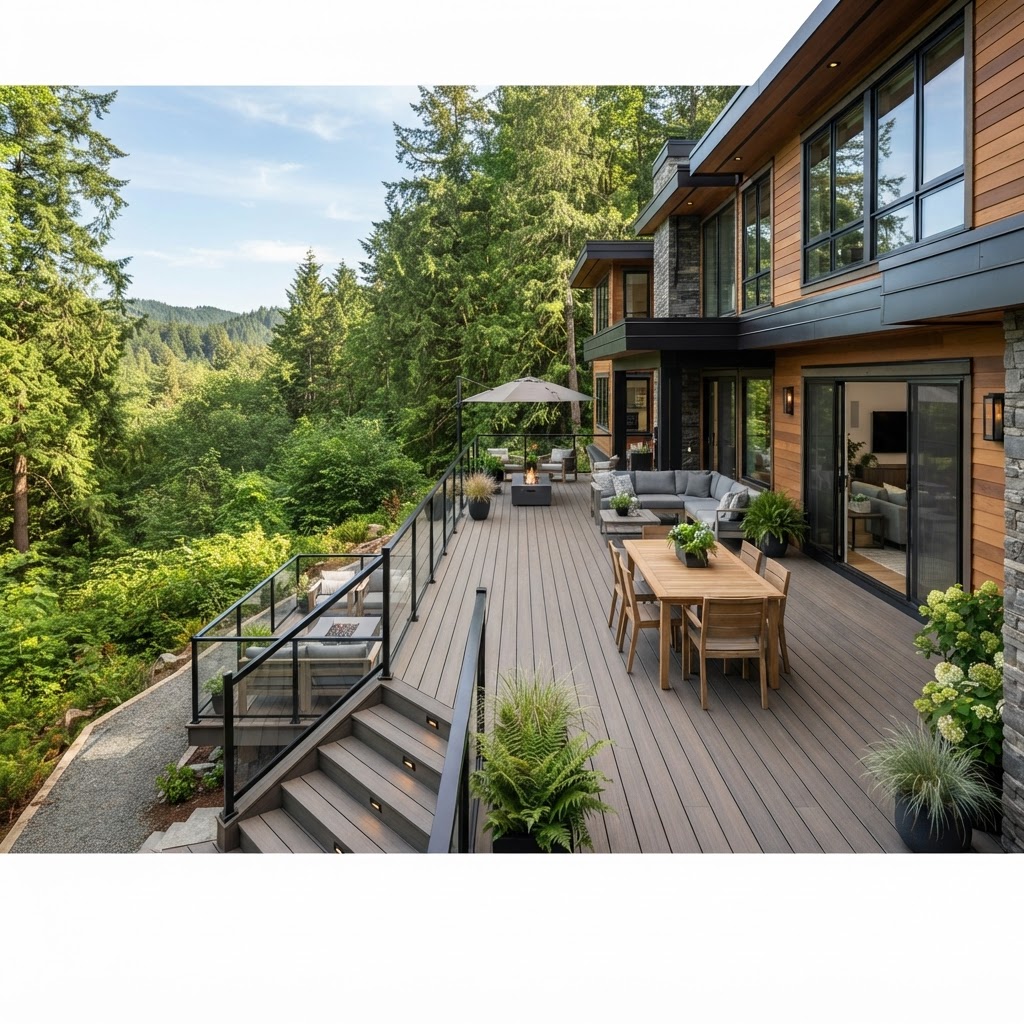 Modern composite deck with clean lines overlooking a forest