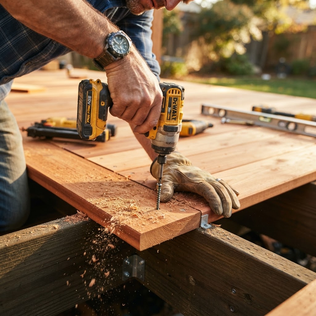 Deck builder installing cedar deck boards on site