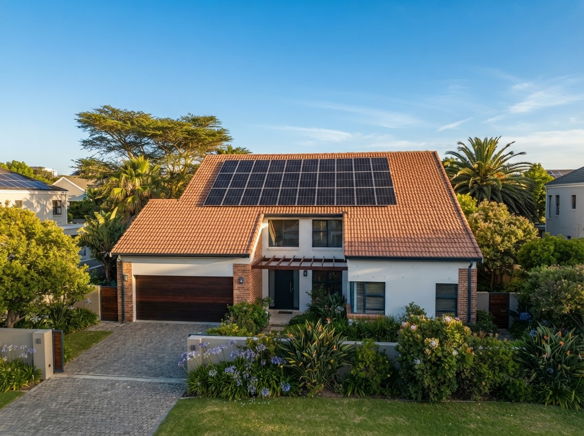 Solar panels installed on a suburban South African home roof