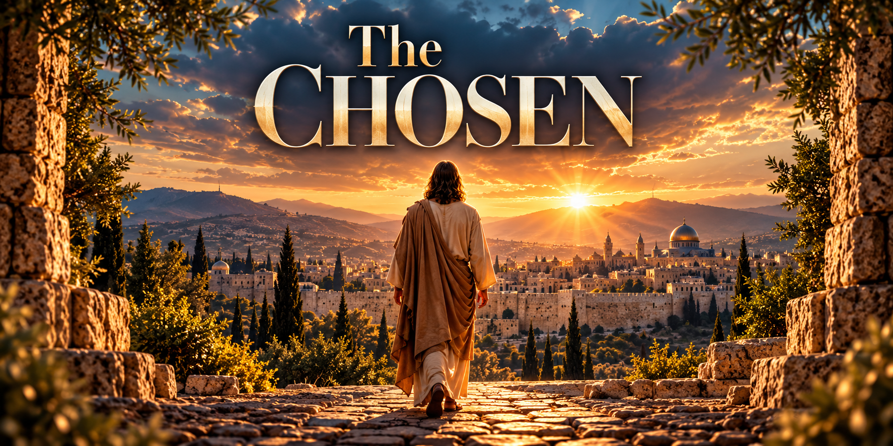 The Chosen Season 6 Episode 1 screening — cinematic artwork of Jesus walking toward golden Jerusalem at sunrise