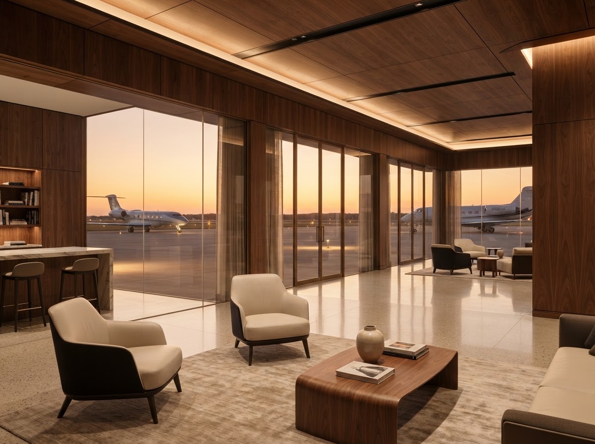 Premium private aviation terminal lounge with warm wood and large windows