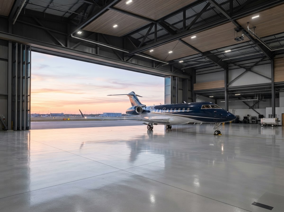 Modern aircraft hangar interior at dawn with a private jet