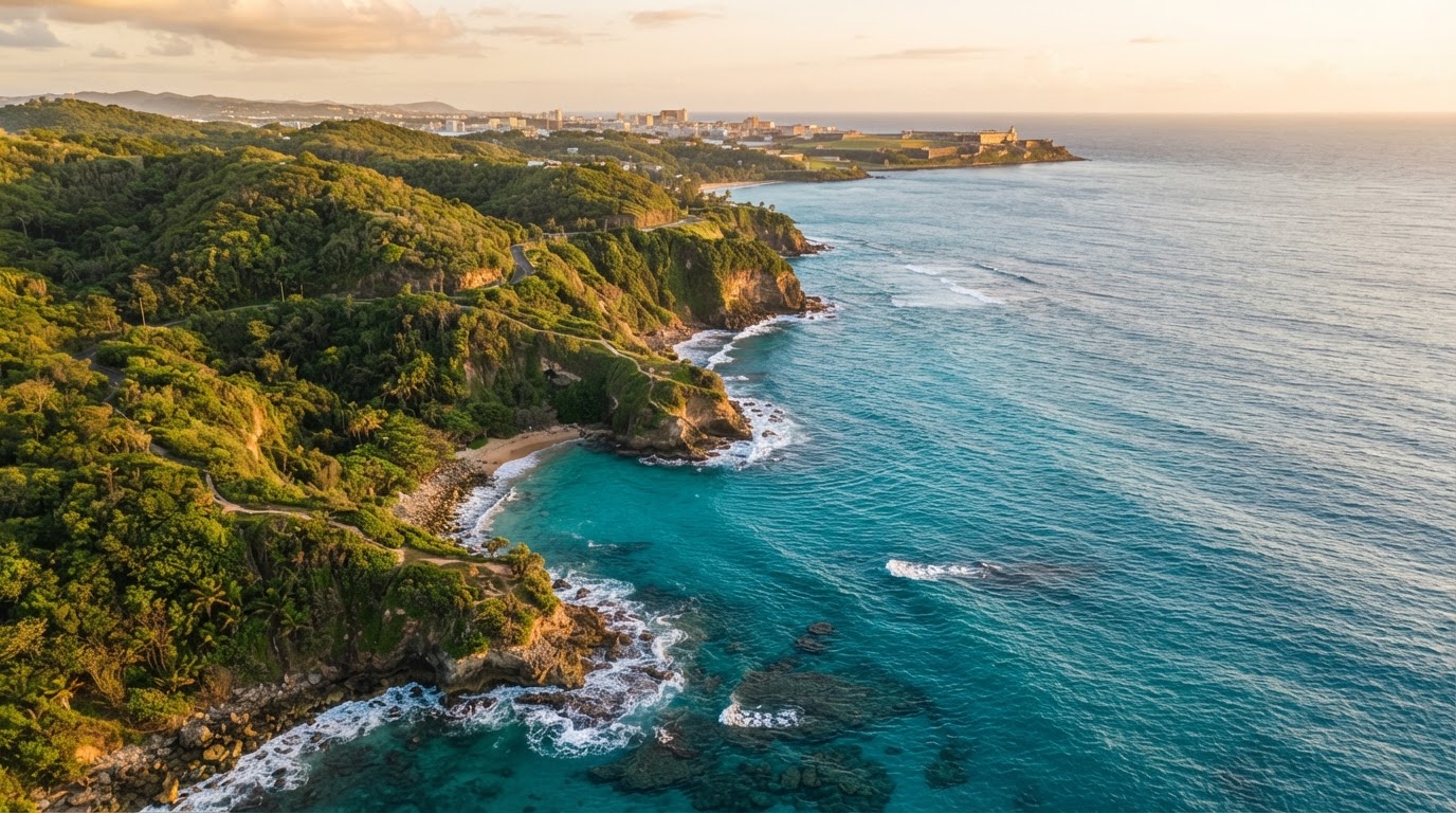 Aerial view of a turquoise Caribbean coastline at golden hour