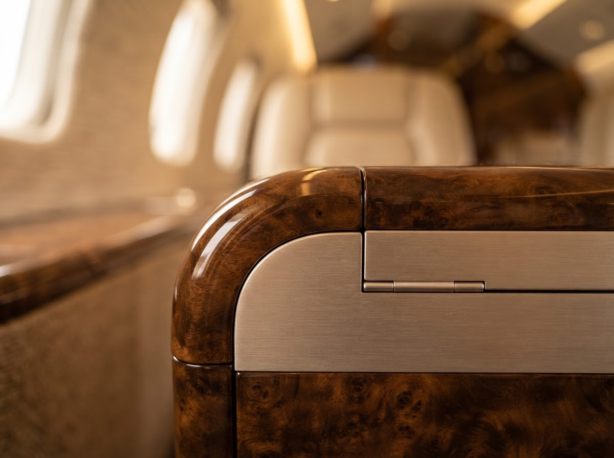 Close-up of polished wood and brushed metal cabin detail
