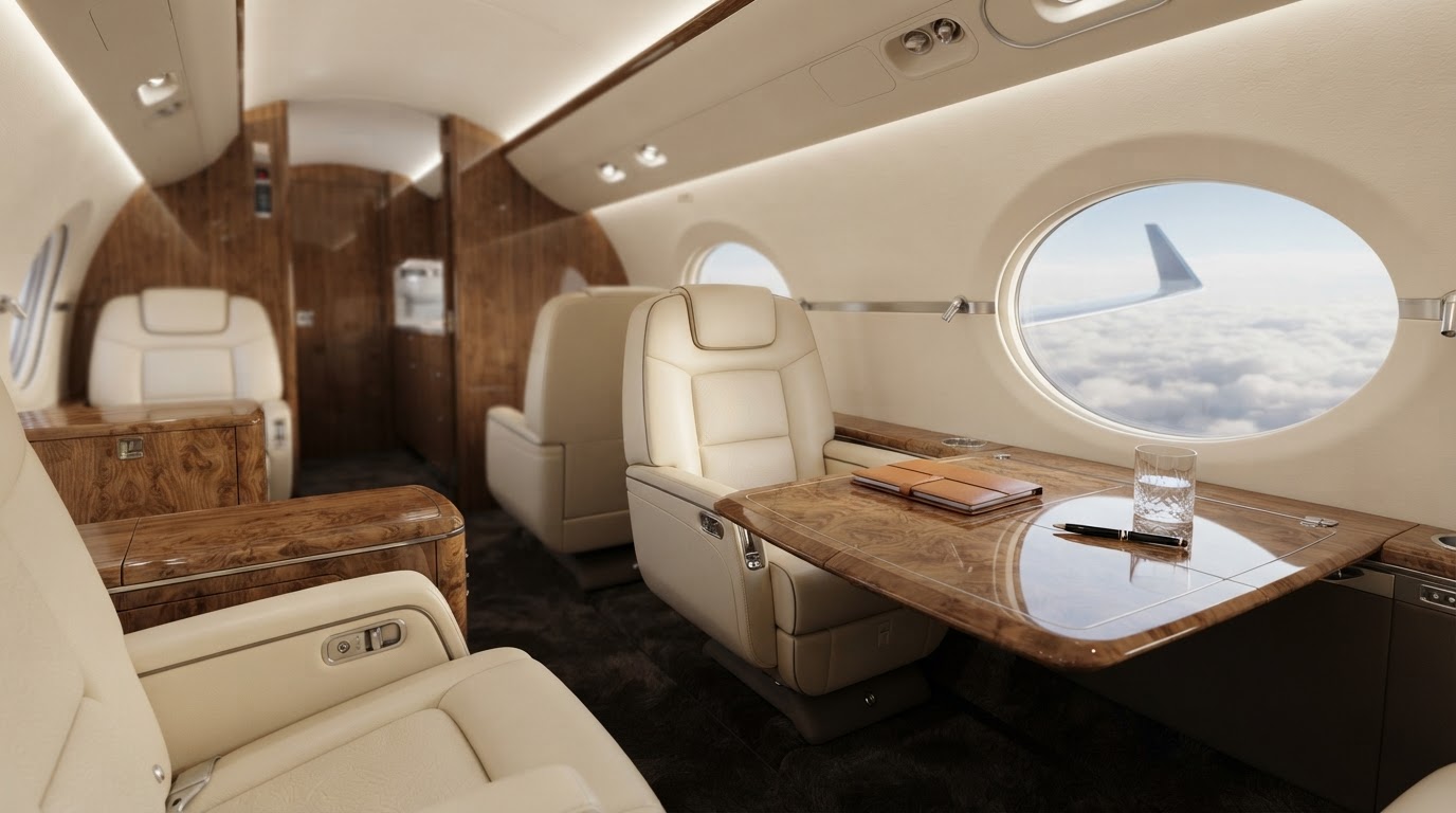 Elegant private jet cabin with cream leather seating