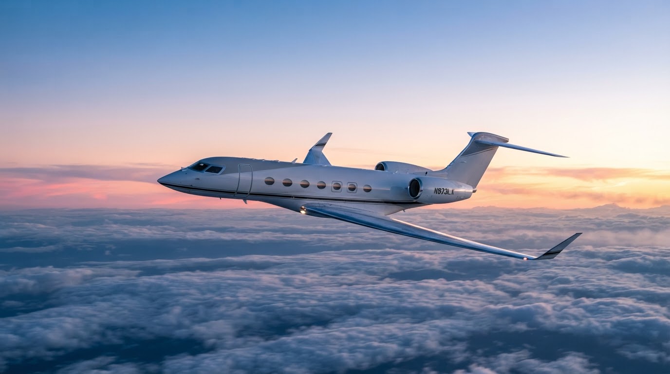 Private business jet in flight above clouds at dawn
