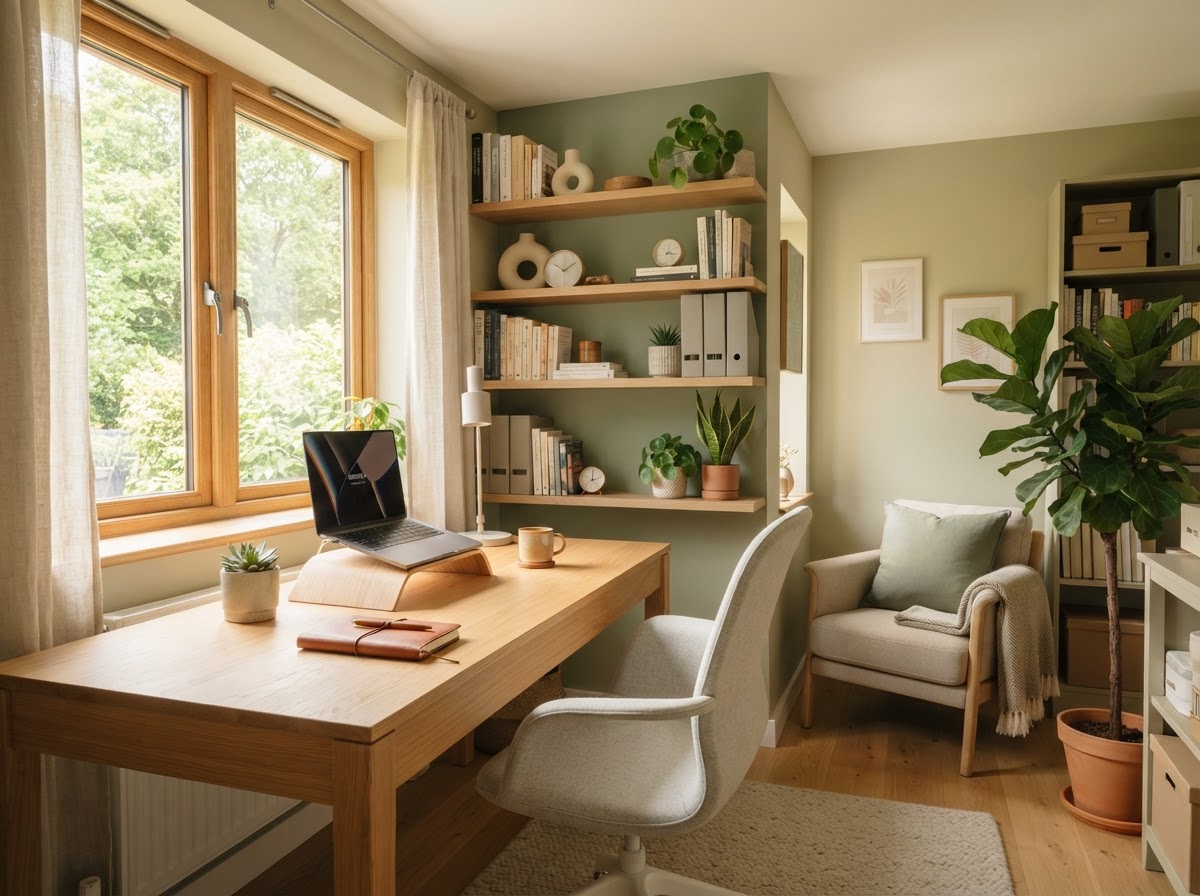 A bright, tidy small office with a clean desk, organized shelves, and warm natural light