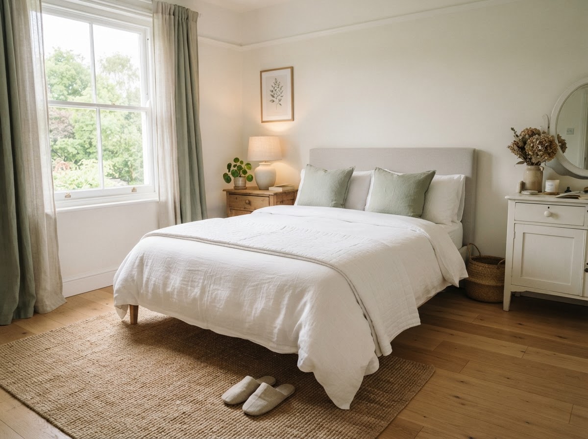 A bright, freshly cleaned bedroom with crisp white linens and sage-green accents