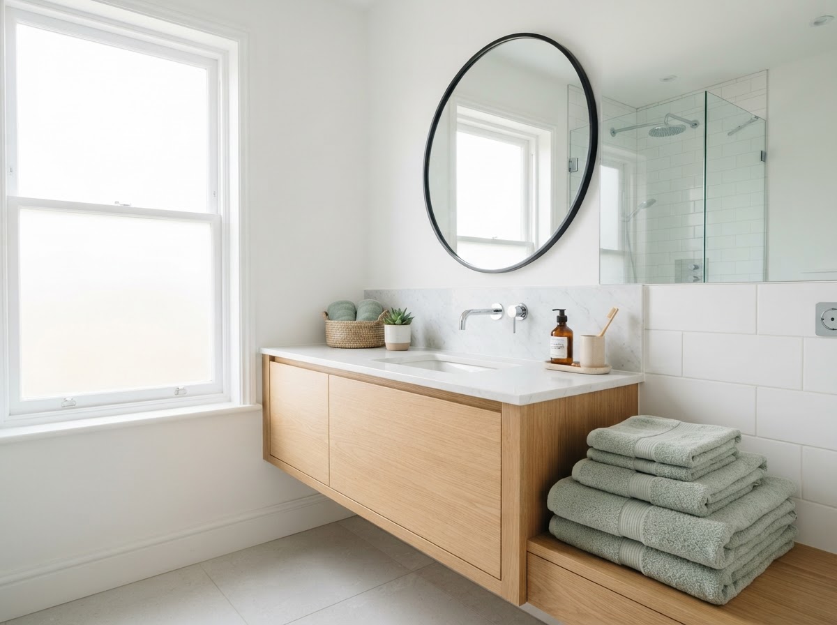A sparkling clean bathroom with sage-green towels and a gleaming mirror in bright natural light