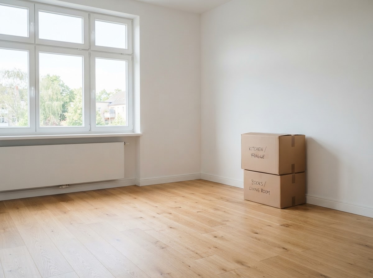 A bright, empty, freshly cleaned room with bare floors and soft natural light