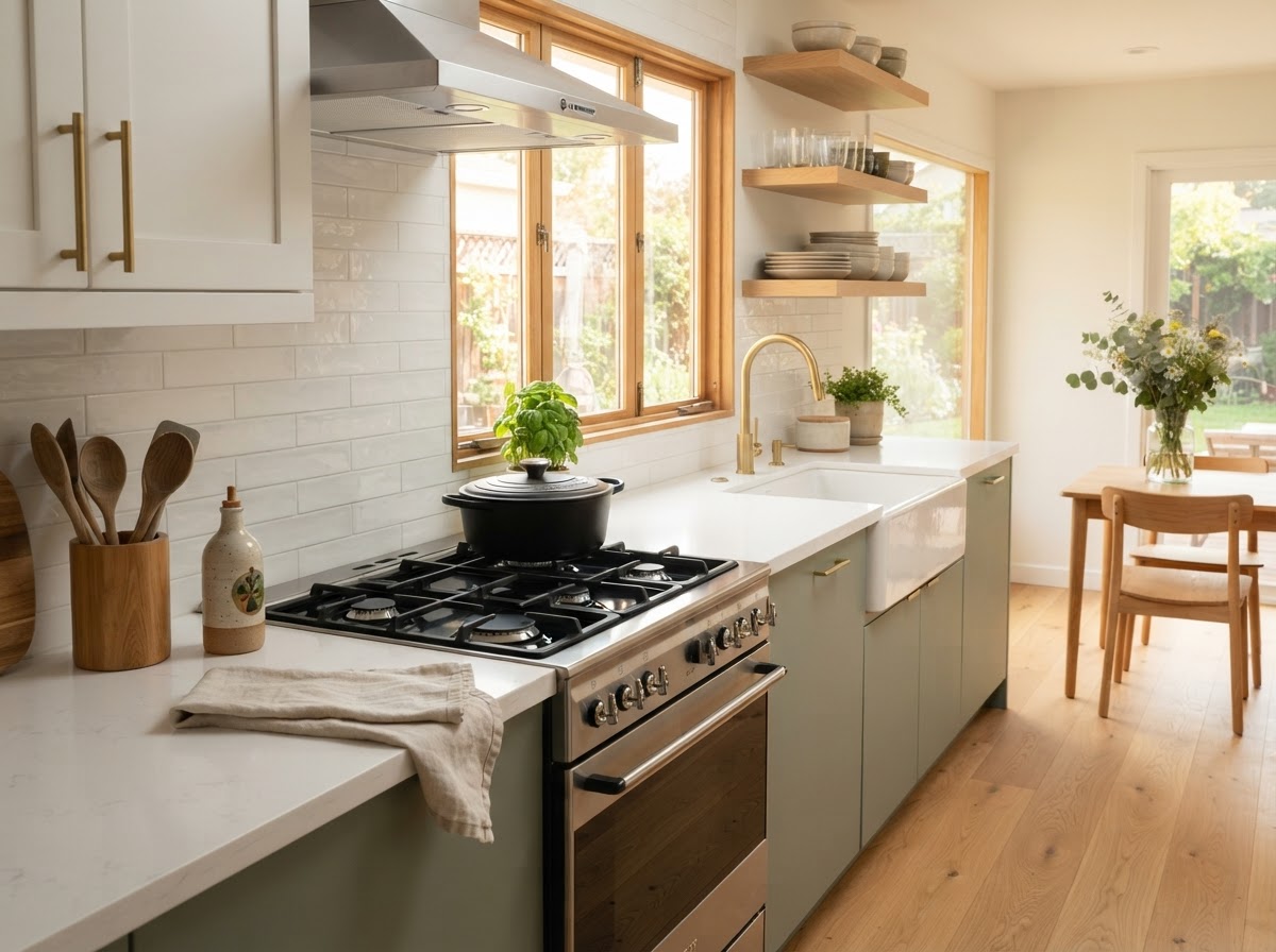 A bright, spotless kitchen with clean white countertops and sage-green accents