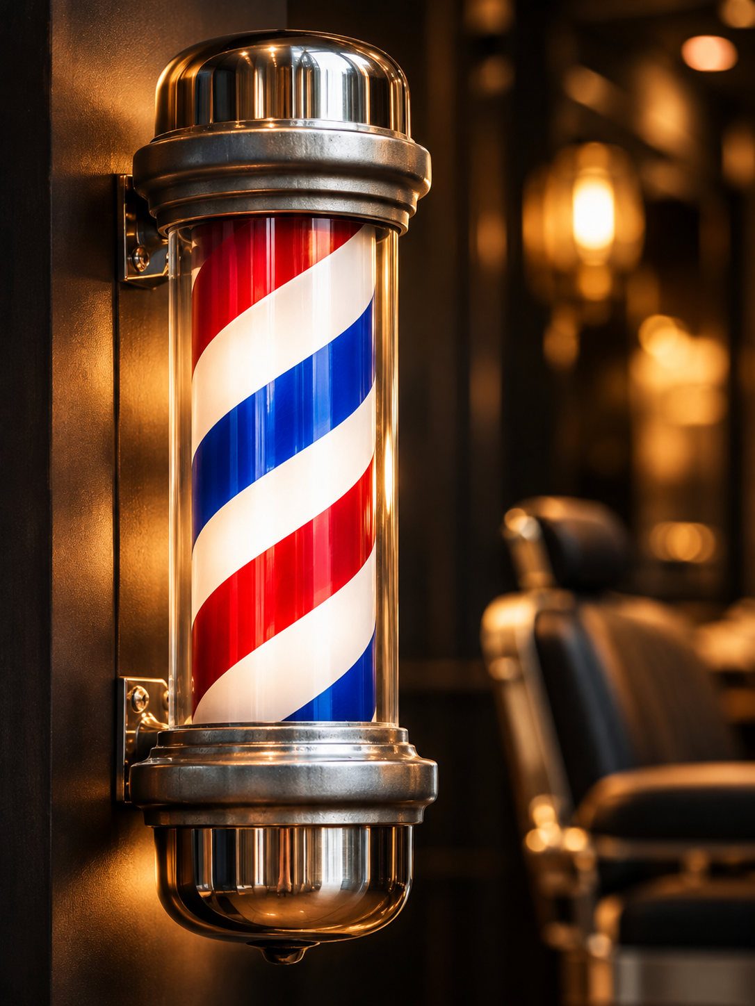 Traditional illuminated barber pole at Nu Look Barber Shop