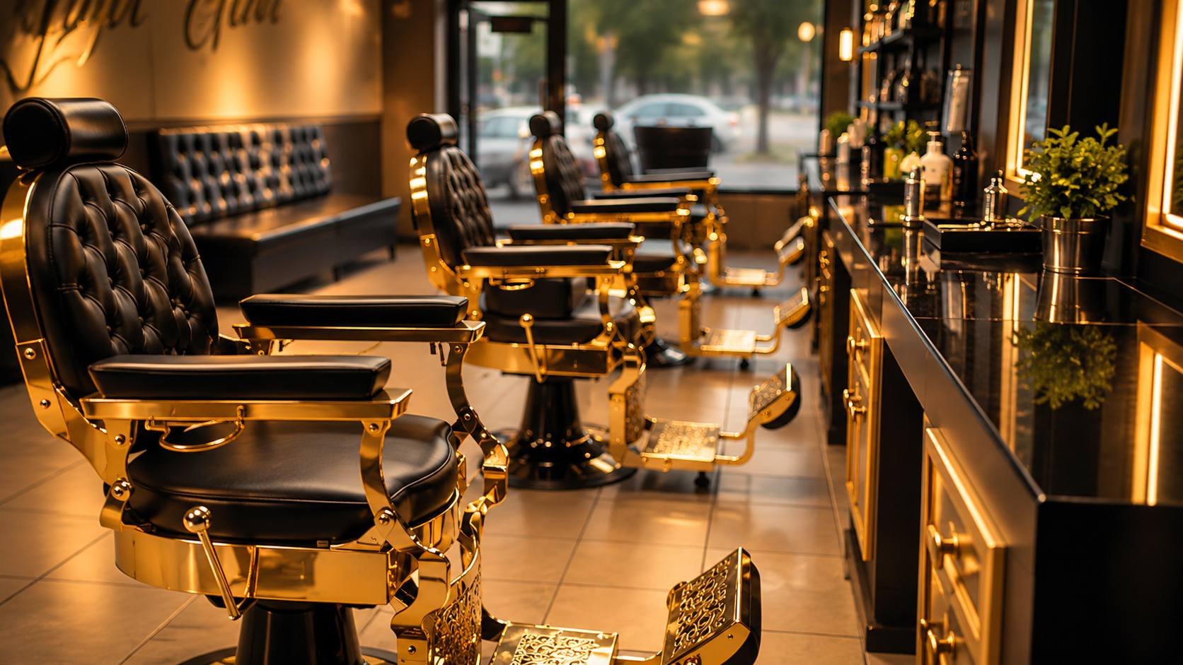 Nu Look Barber luxury gold and leather salon chairs