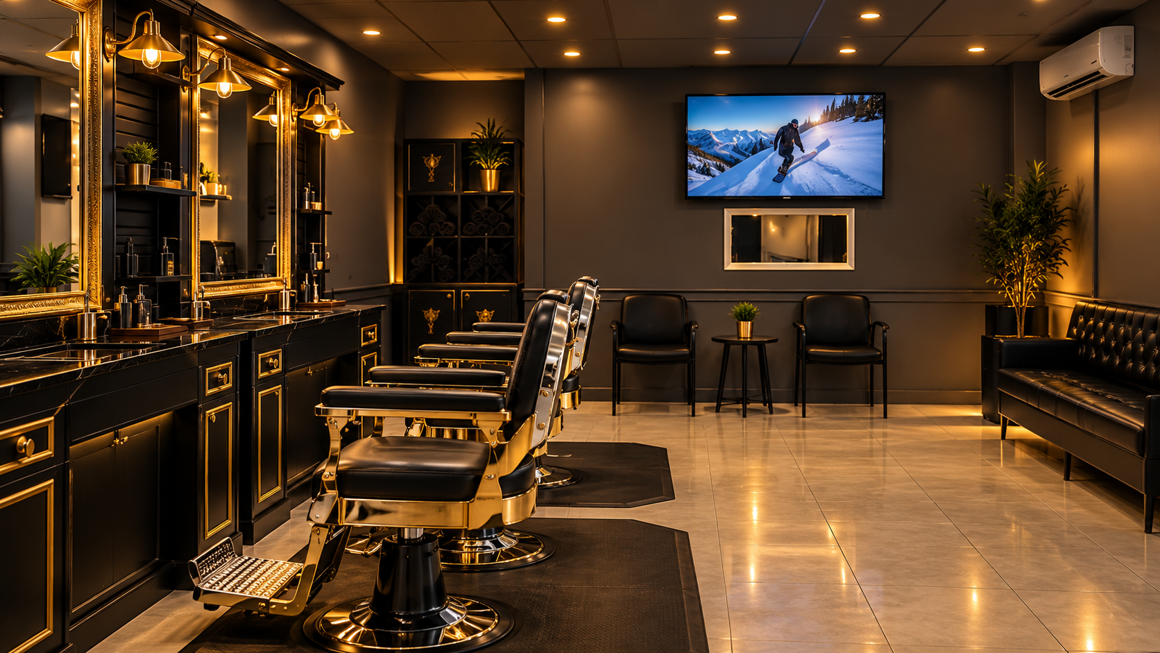Luxury black and gold barber chairs and welcoming lounge at Nu Look Barber Shop