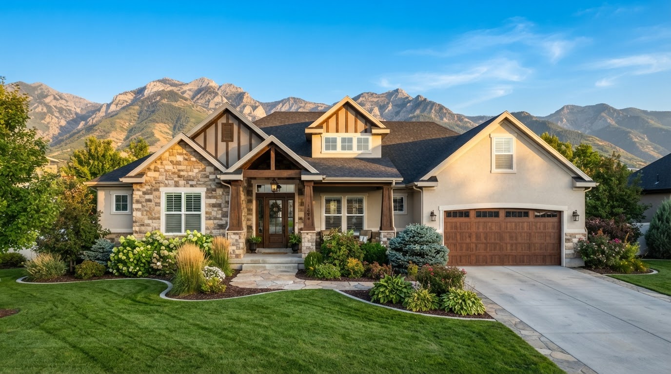 A welcoming single family home in Utah County with the Wasatch mountains in the background